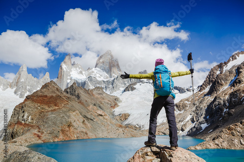 Advanture traveler enjoy the view of Fitz Roy Mountain, Patagonia, Argentina. Mountaineering sport lifestyle concept photo