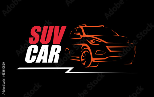 modern suv logo template, offroader car stylized vector silhouette on the black background