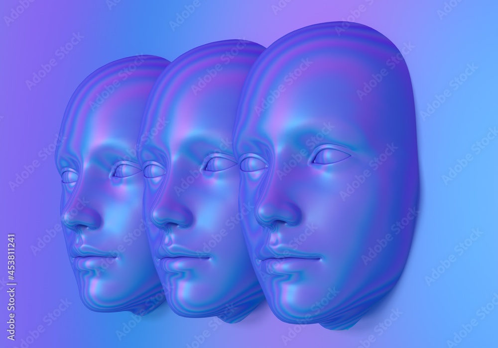 Surreal 3d illustration of multiple сonjoined faces in a wall. Concept of psychological and mental health issues.