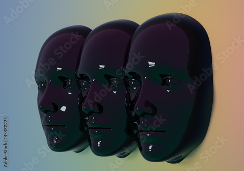 Surreal 3d illustration of multiple сonjoined faces in a wall. Concept of psychological and mental health issues, dissociative identity disorder. photo