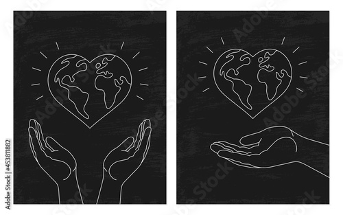 Set of ecology cover book design, hands hold heart-shaped Earth, ecology backgrounds