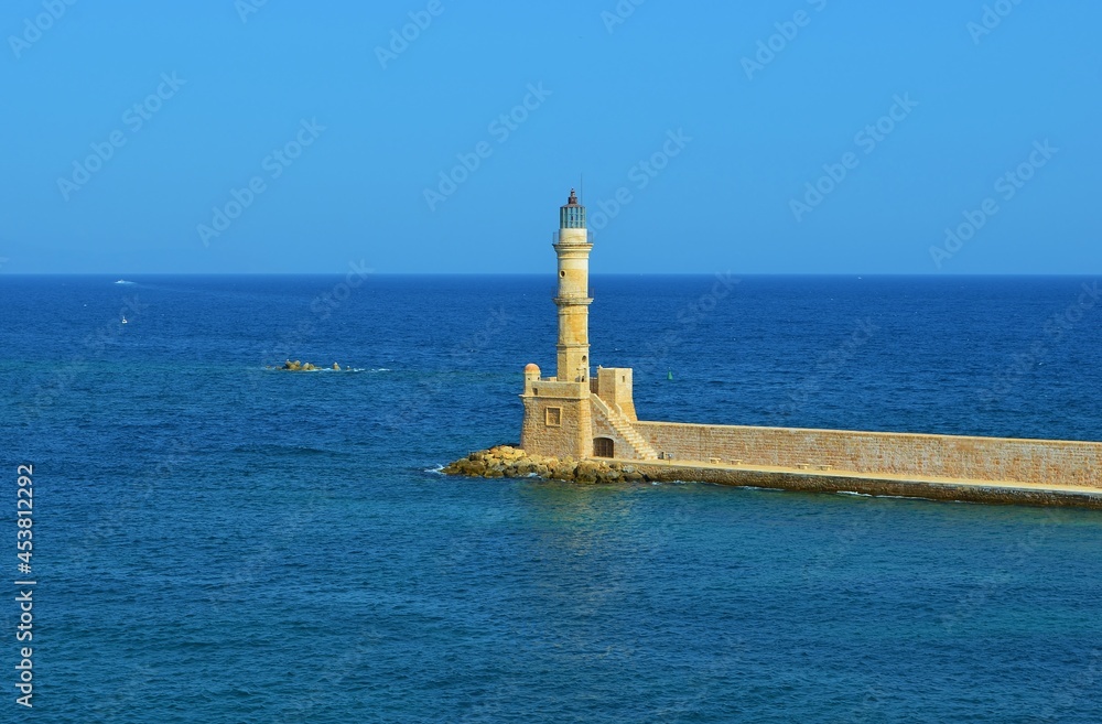 lighthouse in the mediterranean sea in Chania, Crete, Greece