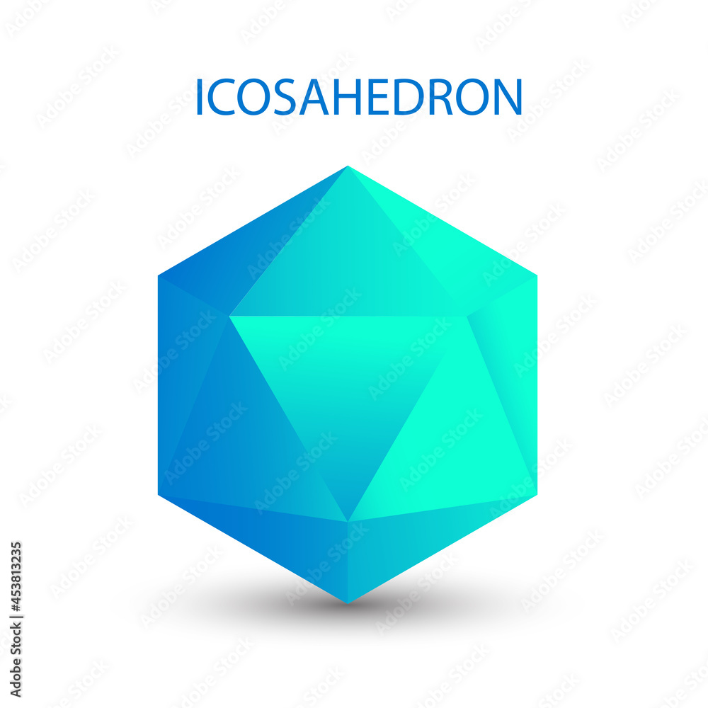 Illustration of a blue icosahedron on a white background with a gradient for game, icon, packagingdesign, logo, mobile, ui, web. Platonic solid. Minimalist style. Illustration of a blue icosahedron on a white background with a gradient for game, icon, packagingdesign, logo, mobile, ui, web. Platonic solid. Minimalist style.