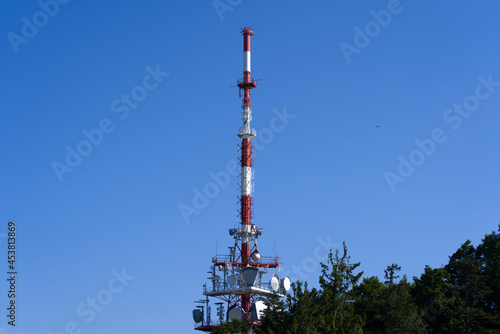 Television and radio antenna at local mountain Pfänder on a sunny summer day. Photo taken August 15th, 2021, Lochaue, Austria. photo