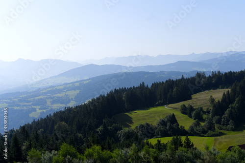 Beautiful scenic mountain panorama seen from local mountain Pfänder on a sunny summer day. Photo taken August 15th, 2021, Bregenz, Austria. © Michael Derrer Fuchs