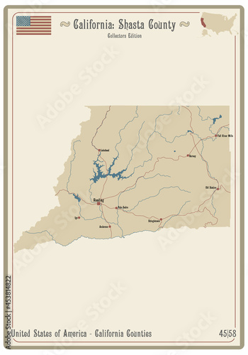 Map on an old playing card of Shasta county in California, USA.