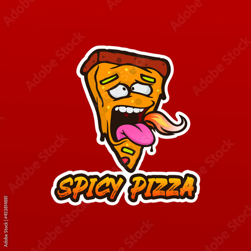 illustration of spicy face of a pizza slice with tongue sticking out fire vector on red background