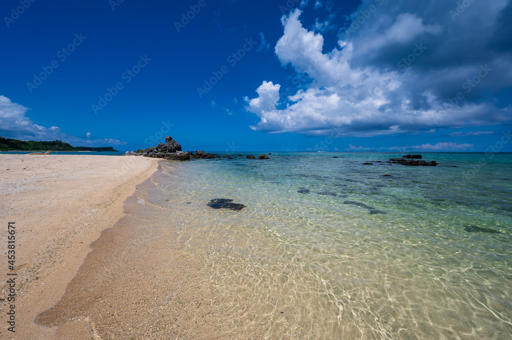 Uppama Beach, a beautiful and unspoiled beach with fine white sand and clear water on the main island of Okinawa, in Japan