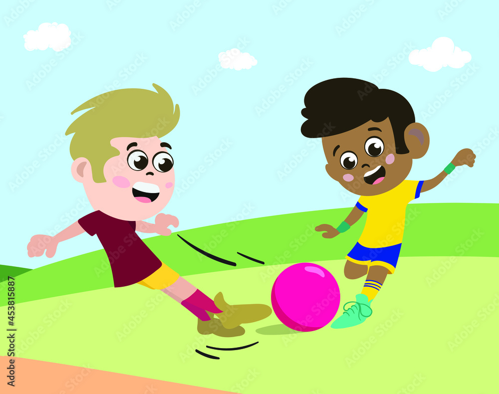 Mixed Race Kids playing football soccer outdoor in public park with