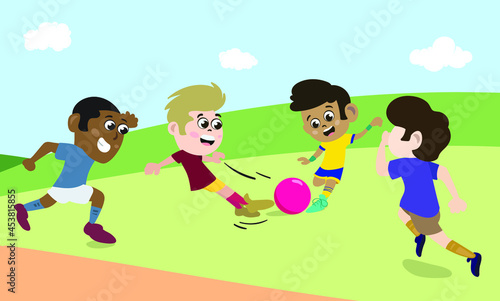Mixed Race Kids playing football soccer outdoor in public park with friends. Post Covid Games and Social Life.