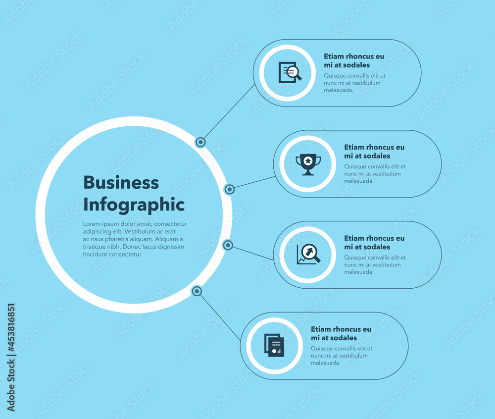 Simple concept for business diagram with four steps and place for your description - blue version. Flat infographic design template for website or presentation.