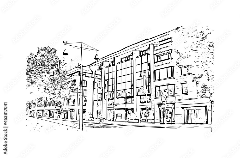 Building view with landmark of Hasselt is the 
city in Belgium. Hand drawn sketch illustration in vector.