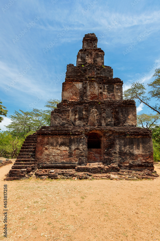 Satmahal Prasada tower 12th century step pyramid in Quadrangle, Polonnaruwa, Sri Lanka