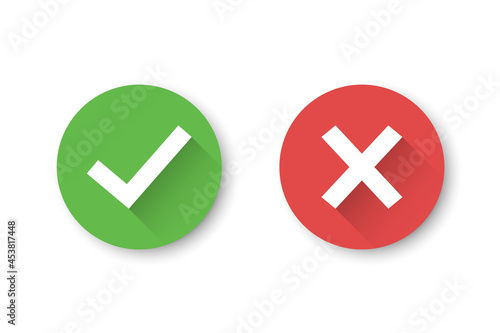 Set of check mark and cross icons with long shadow