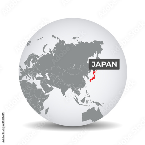 World globe map with the identication of Japan. Map of Japan. Japan on grey political 3D globe. Asia map. Vector stock.