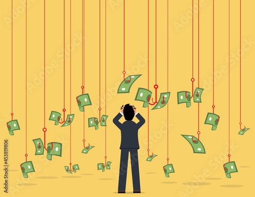 hook and banknote dollar. Investment risk or money trap, business fraud and cheating or financial pitfall and mistake concept