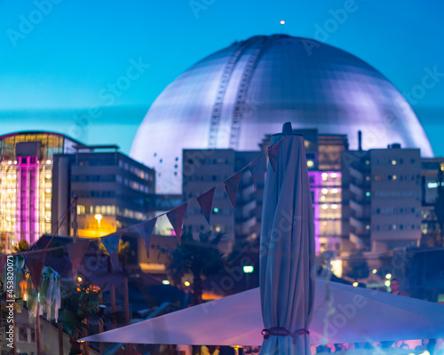Sweden, Stockholm, Globenområdet, view to Avicii Arena in the night, 2019 year	