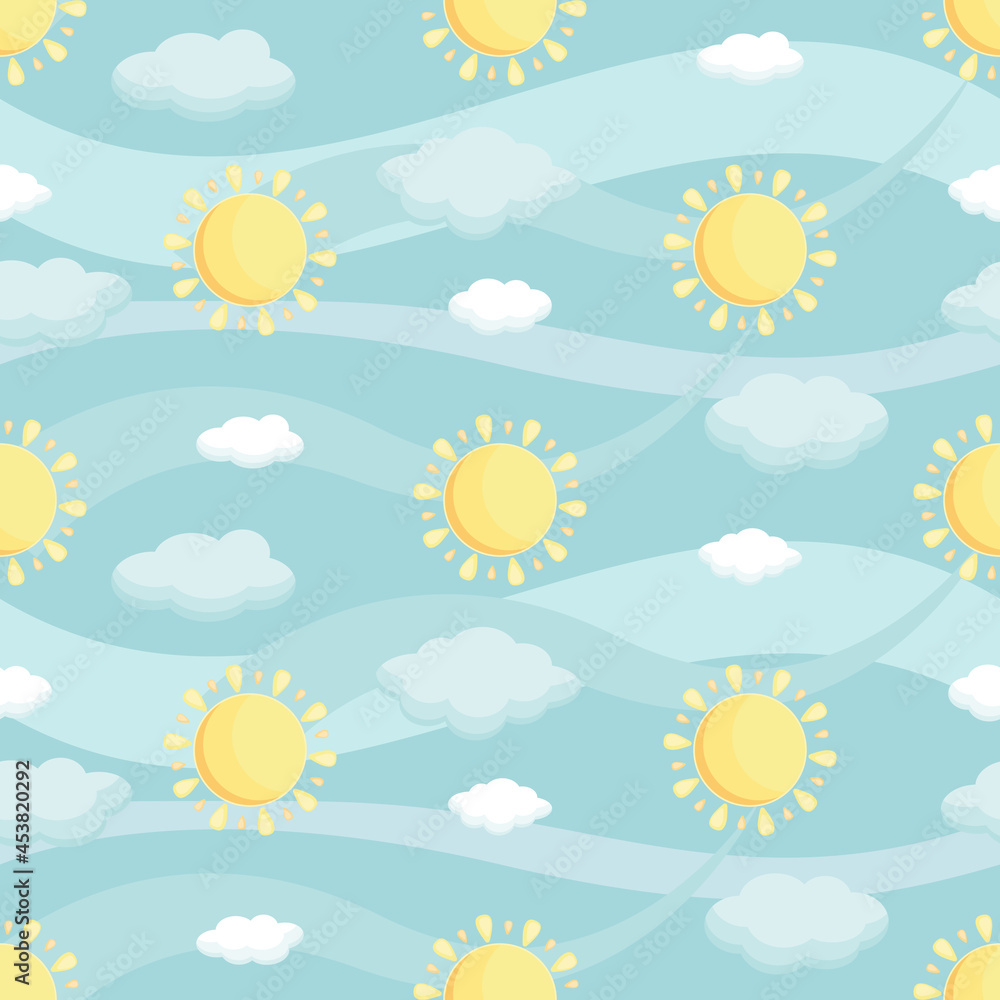 Simple pastel seamless vector pattern with blue sky, white clouds, bright sun and waves of light wind. Cartoon background about good weather and summer with sunny sky. Simple pastel seamless vector pattern with blue sky, white clouds, bright sun and waves of light wind. Cartoon background about good weather and summer with sunny sky.
