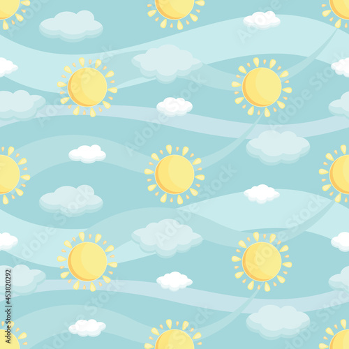 Simple pastel seamless vector pattern with blue sky  white clouds  bright sun and waves of light wind. Cartoon background about good weather and summer with sunny sky.