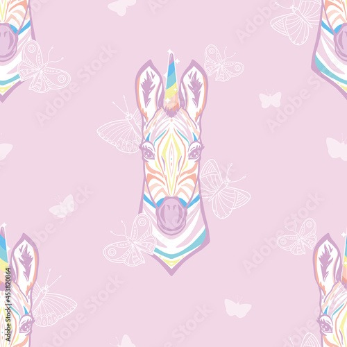 Vector Magical Zebra Unicorn with Butterflies in Pastel Colors seamless pattern background. Perfect for fabric, wallpaper and scrapbooking projects.