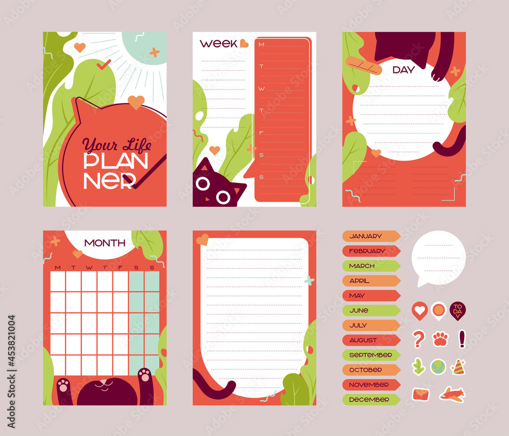 A set of Cute planner of your life with stickers. Cover, week, daily, month, for notes with leaves and a funny cat. Stickers for notes and reminders.
