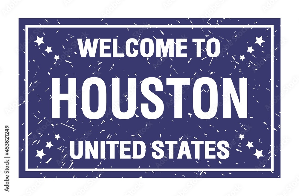 WELCOME TO HOUSTON - UNITED STATES, words written on blue rectangle stamp
