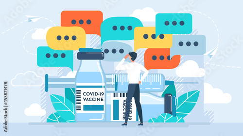 The patient is considering whether to be vaccinated. Doubts, opinions of different people. The vaccine in a vial and a syringe. The risk is associated with Covid-19. Vector illustration.