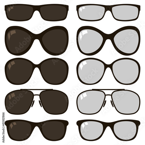 Sunglasses and glasses vector cartoon set isolated on a white background.
