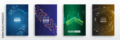 Vector template for brochure or cover with hi-tech elements background. Business layout, futuristic brochures, flyers, placards, presentation. Modern science and digital technology concept.