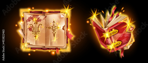 Old ancient book vector illustration, game magic open antique diary, medieval wizard spell manuscript. Parchment sheet, red leather cover, witchcraft glow symbol, UI fantasy assets. Magic book clipart