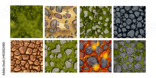 Game ground seamless pattern vector set, cartoon land top view texture, stone rock background. Lava surface, green bush grass above illustration, dry soil, boulder, pebble. Game ground tile collection