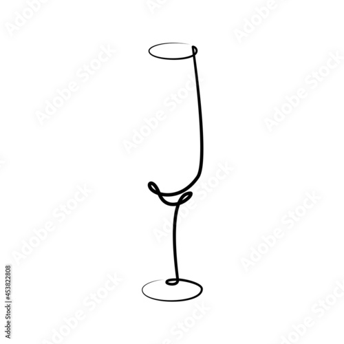 Champagne wineglass on white background. Graphic arts sketch design. Black one line drawing style. Hand drawn image. Alcohol drink concept for restaurant, cafe, party. Freehand drawing style