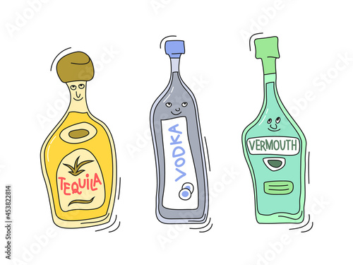 Tequila, vermouth and vodka with smile on white background. Cartoon sketch graphic design. Doodle style with black contour line. Cute hand drawn bottle. Party drinks concept. Freehand drawing style