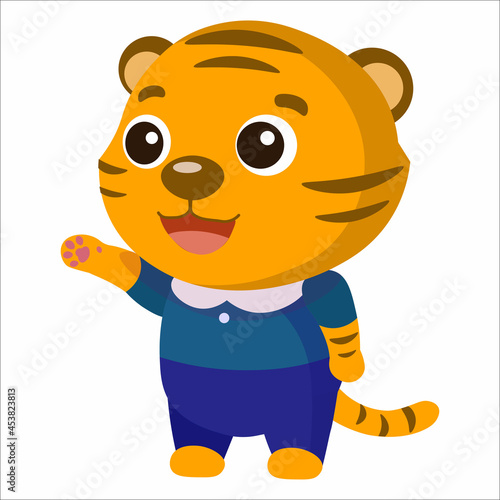 Vector little cartoon tiger smiling and waving
