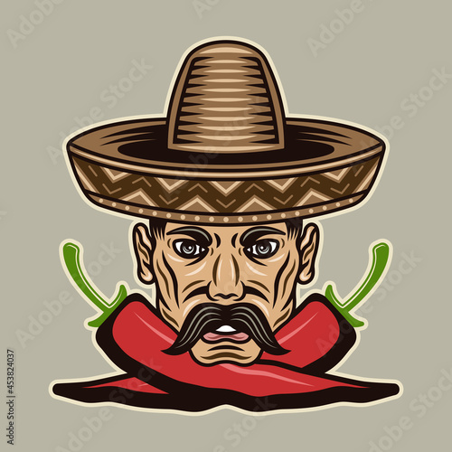 Mexican man head with mustache in sombrero hat and two crossed chili peppers vector illustration in colorful cartoon style isolated on light background