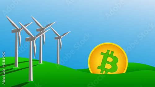 Bitcoin mining concept using green energy to protect environment. Windmills generate electricity on green grass. Vector illustration.