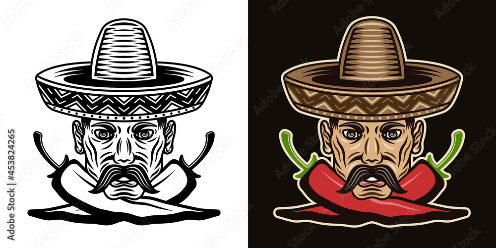 Mexican man head with mustache in sombrero hat and two crossed chili ...