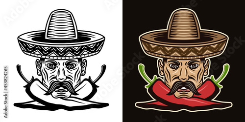 Mexican man head with mustache in sombrero hat and two crossed chili peppers vector illustration in two styles black on white and colorful on dark background