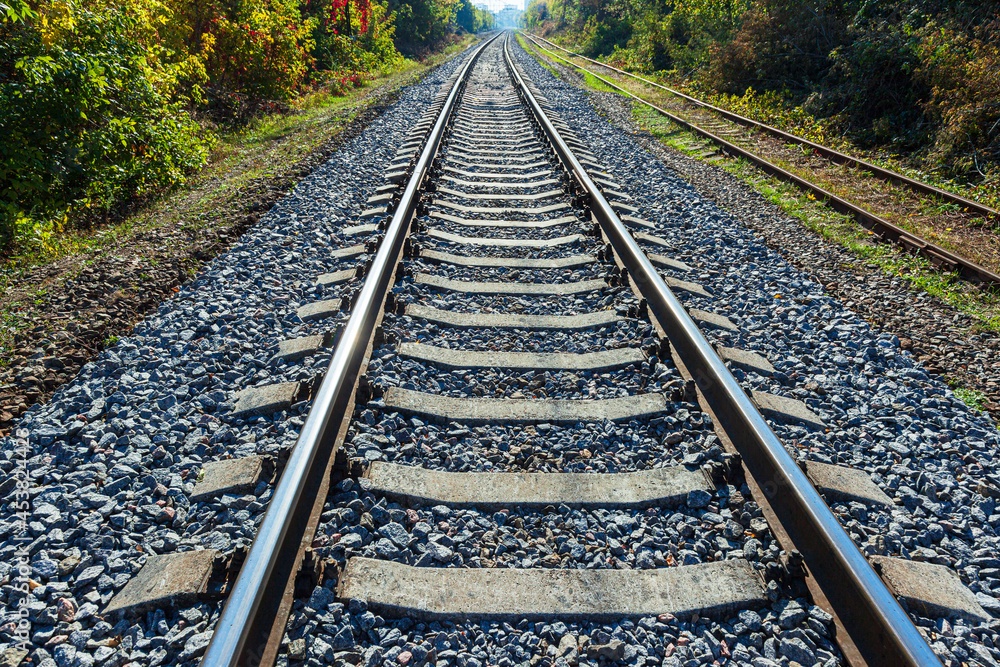 Obraz premium Two railway tracks New and Old abandoned in the forest among trees and green grass along them. Railway transportation of passengers and large-tonnage cargo.