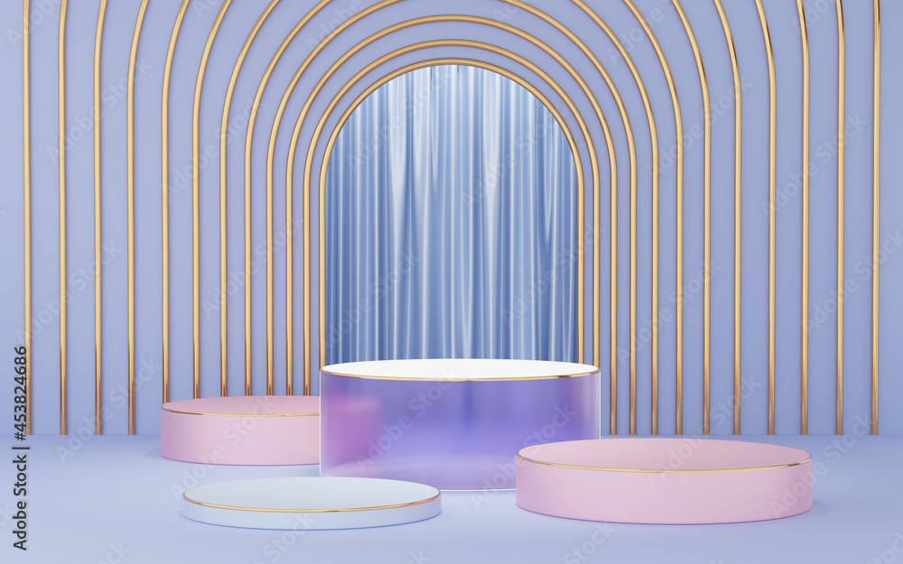 Purple, pink, silver cylinder podium with gold border on blue arch and curtain background. Abstract minimal studio 3d geometric shape object. Mockup space for display of product design. 3d rendering. Purple, pink, silver cylinder podium with gold border on blue arch and curtain background. Abstract minimal studio 3d geometric shape object. Mockup space for display of product design. 3d rendering.