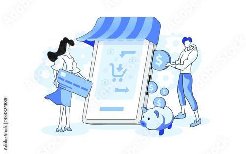 Cashback vector illustration, Making online purchase abstract concept, Loyalty program,  Money refund program, Online banking, mobile Payment, shopping, saving money piggy bank.
