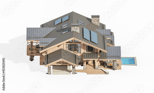 3d rendering of modern cozy chalet with pool and parking for sale or rent. Massive timber beams columns. Clear sunny summer day. Isolated on white