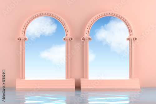 A podium in the form of arches with clean beautiful water and stairs. Blue and peach color. Illustration of a pedestal with a cloudy sky. 3D Render