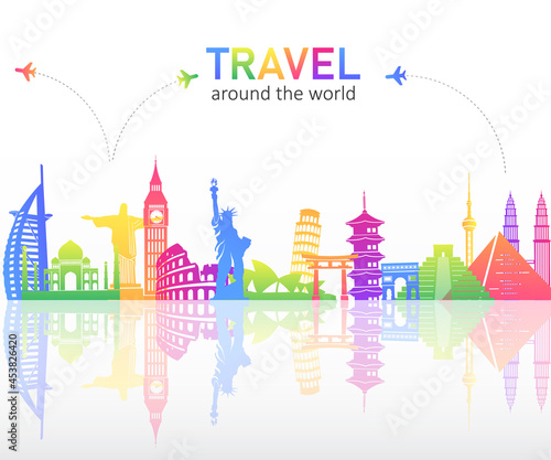 Colourful famous landmarks skyline on white background. Travel around the world. vector illustration in flat design. tourism and transport concept.