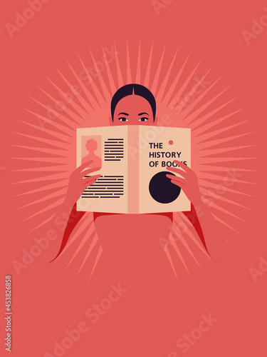 A young Latin American  woman is standing and holding a book in her hands. Libraries and bookstores. Vector flat illustration