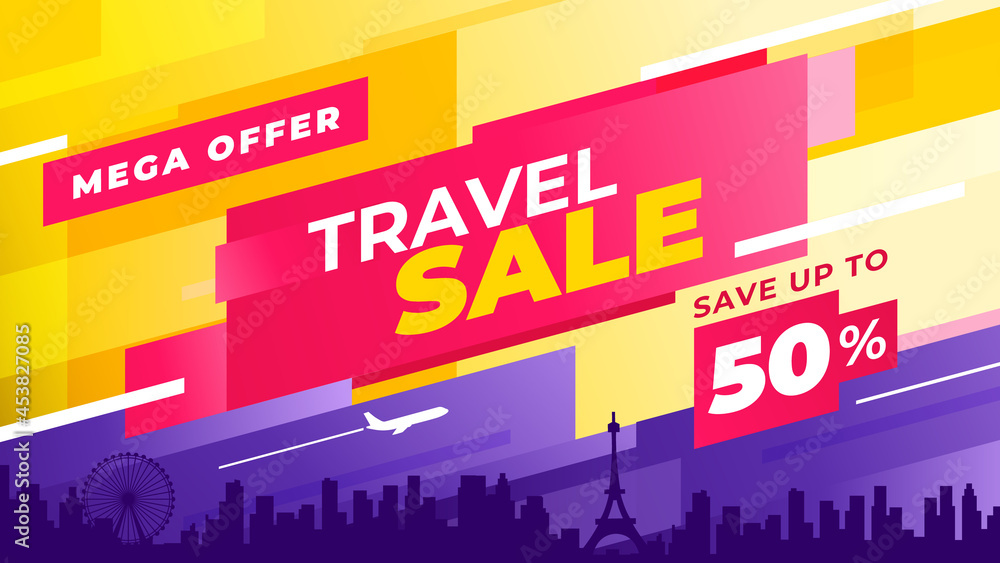 Travel sale Offer. Colorful travel instagram stories template. To use in your design as a flyer, print or banner. Save up to 50% off. Horizontal composition.