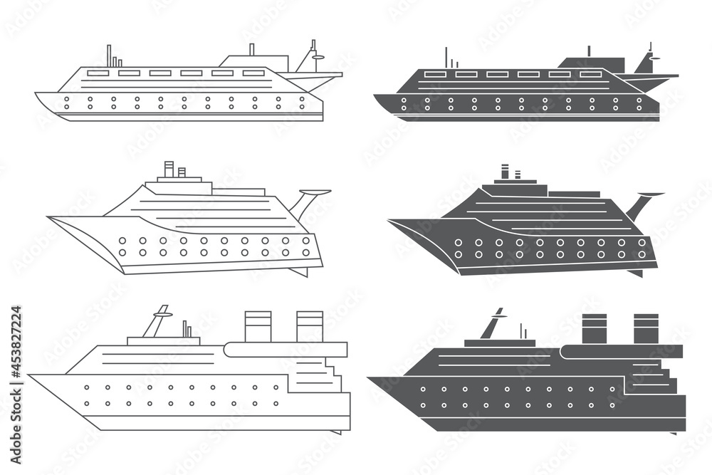Cruise ship vector icons set isolated on a white background.