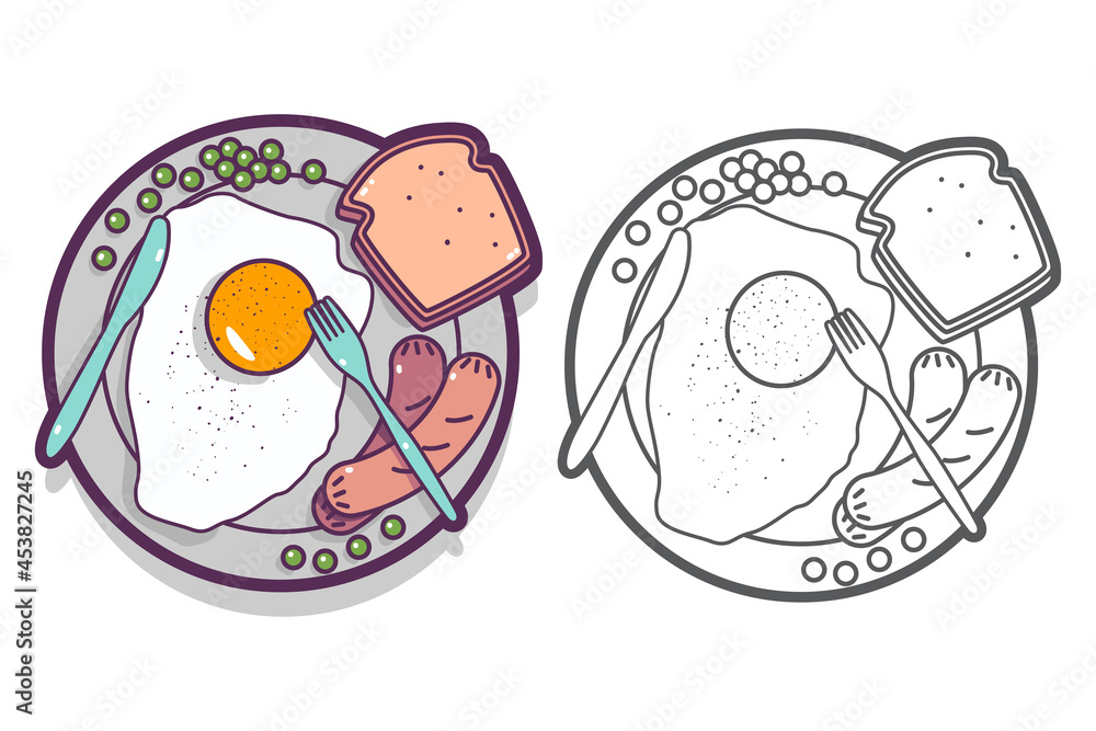 Breakfast plate with eggs and toast vector cartoon top view icon isolated on a white background. Breakfast plate with eggs and toast vector cartoon top view icon isolated on a white background.