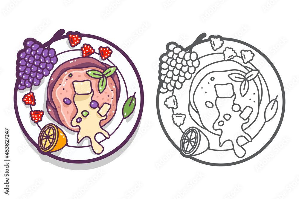 Fototapeta premium Breakfast plate with pancakes and fruits vector cartoon top view icon isolated on a white background.