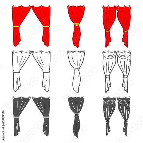 Curtains vector cartoon icons set isolated on a white background.